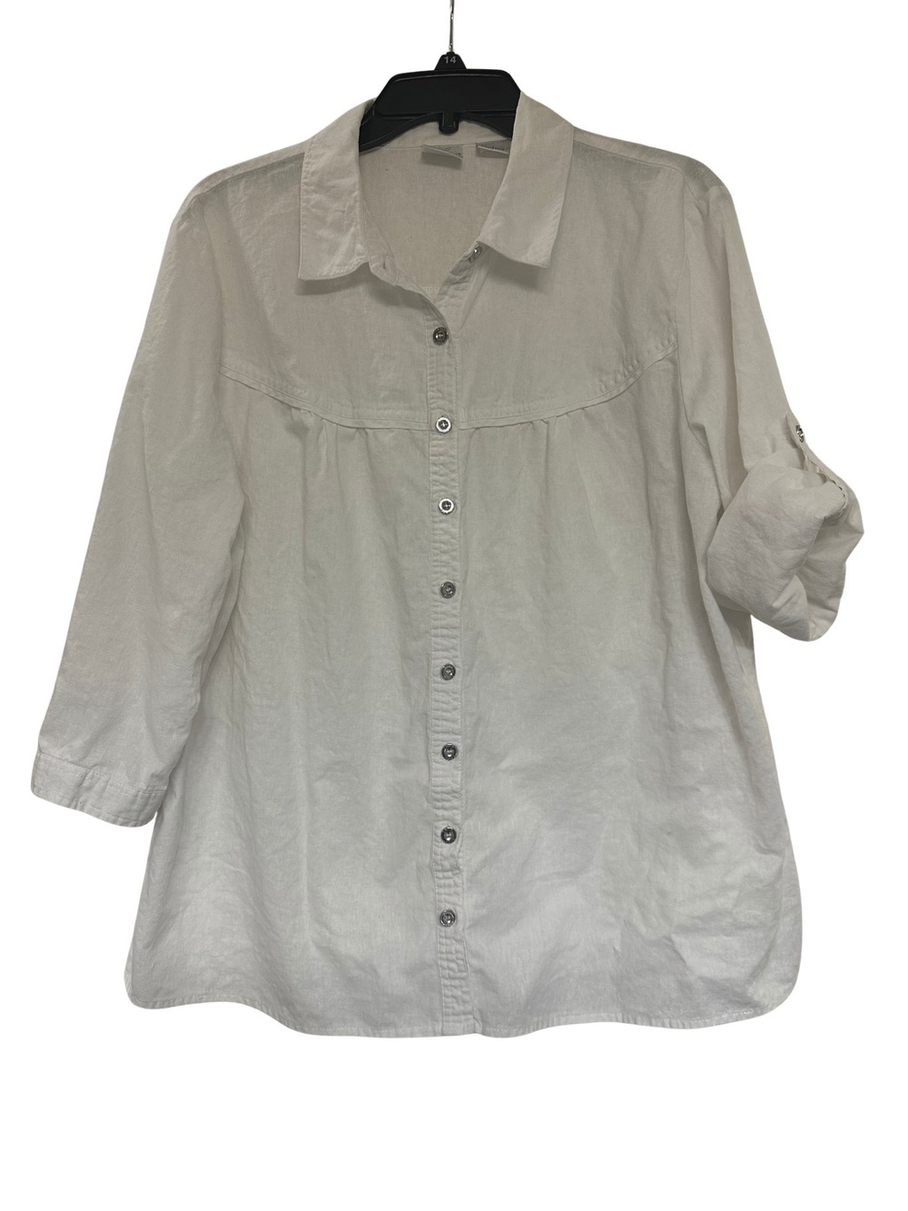 Emma James Linen Cotton Button Down Shirt XL White Roll Tab Sleeve Western Top